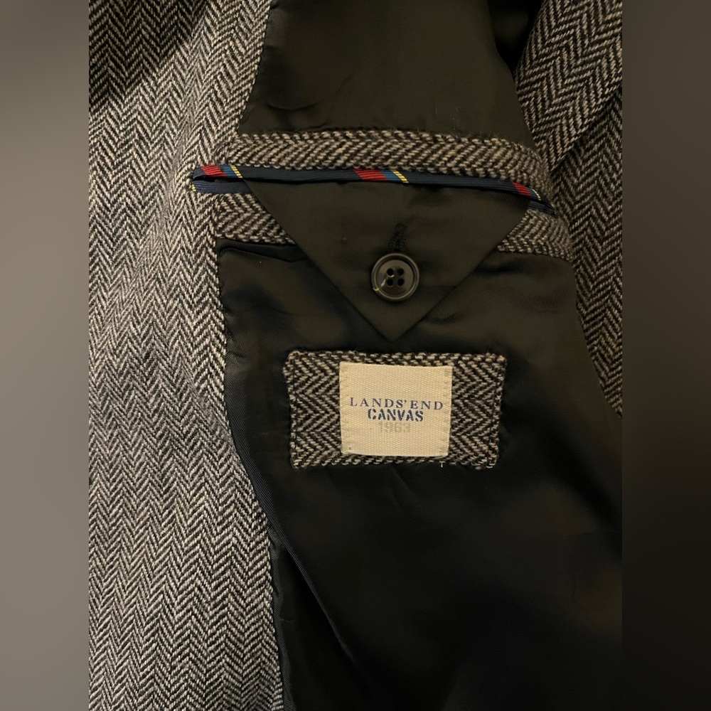 Men's Lands' End Canvas Gray Herringbone Tweed Wool Sport Coat Blazer Size: 44 - Picture 5 of 8